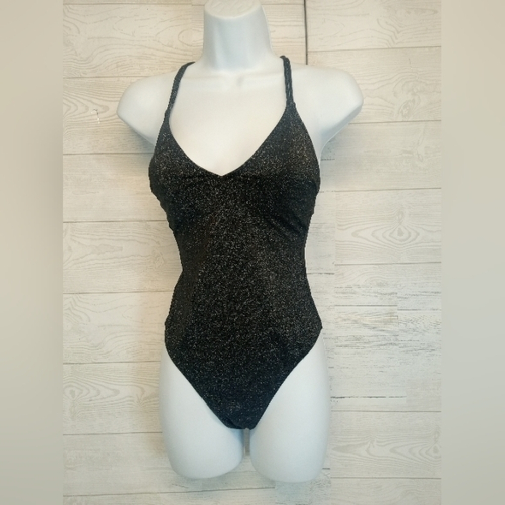 Cupshe NWT Women's Size Small Shiny Black sparkly twist back One Piece Swimsuit
